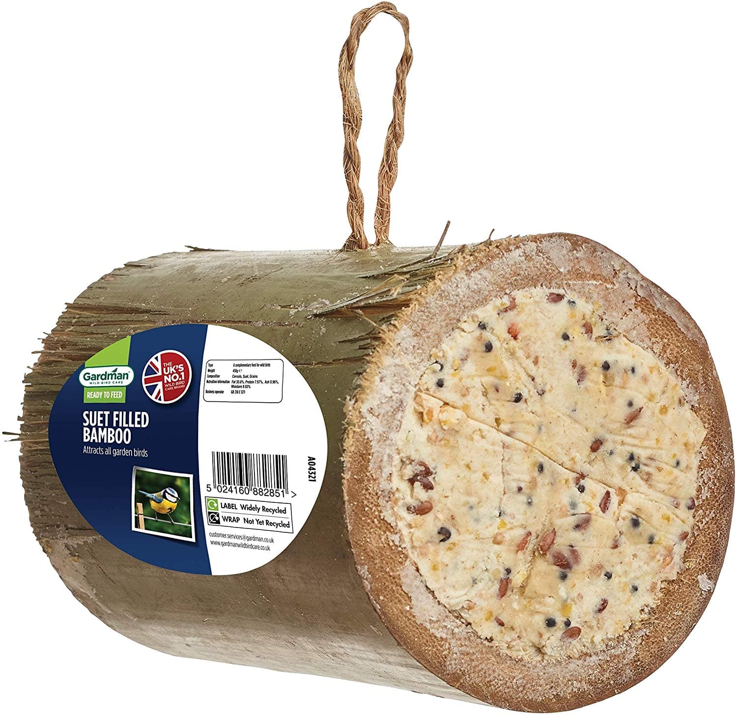 Suet Filled Bamboo - High energy suet filled bamboo tube
* Easy to feed, just hang on a tree branch or bird station
* Recommended for all year round feeding